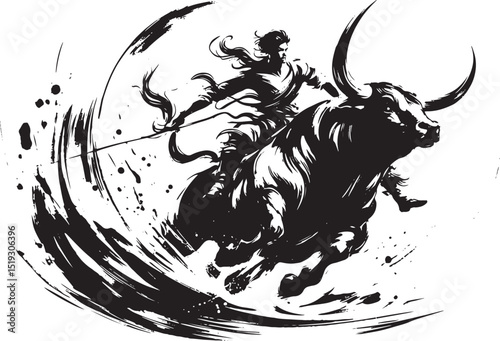 Abstract black and white illustration depicting a bull rider in motion, emphasizing strength, energy, and artistic fluidity. A perfect depiction of elements like courage, movement