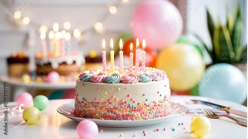 Beautifully decorated birthday cake with candles balloons and festive party decorations on a brightly lit tabletop