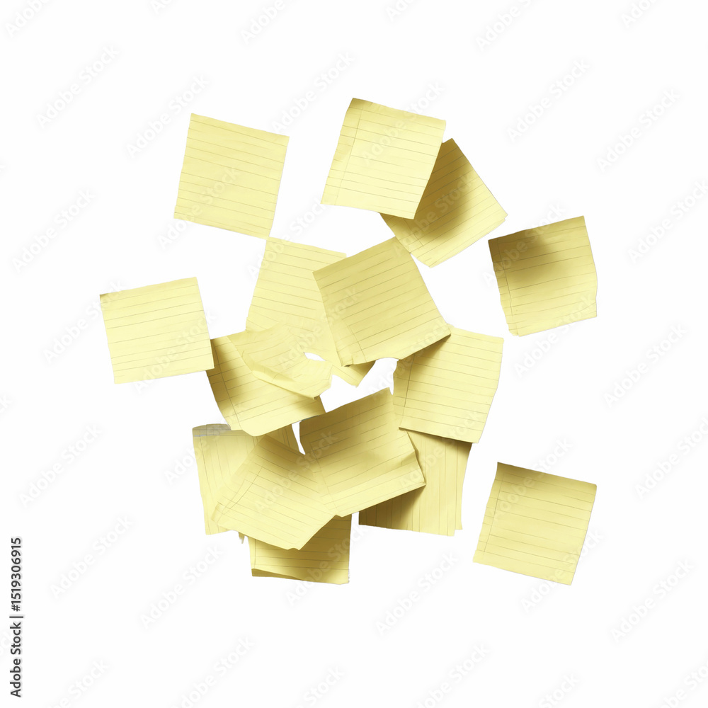 Fototapeta premium Scattered Yellow Sticky Notes on a Blue Transparent background
