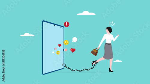 nomophobia or no mobile phone phobia, overusing mobile phone concept, woman who are afraid to remove from mobile phone connectivity, woman Chained to Big Smart Phone illustration