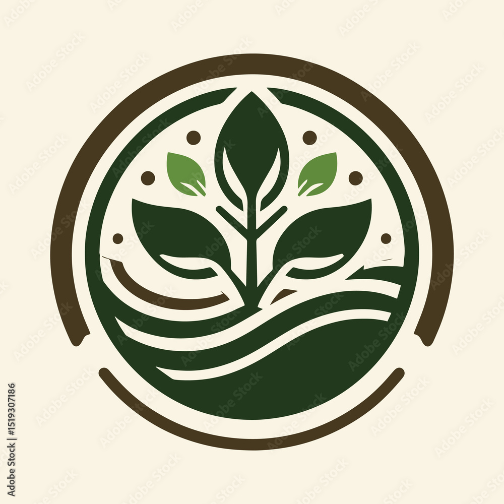 A stylized plant with several leaves growing from wavy lines representing earth or water all enclosed within a circular border suggesting themes of agriculture growth and nat