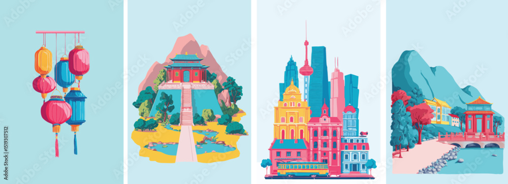 Obraz premium colorful china travel illustration with landmarks and cultural symbols