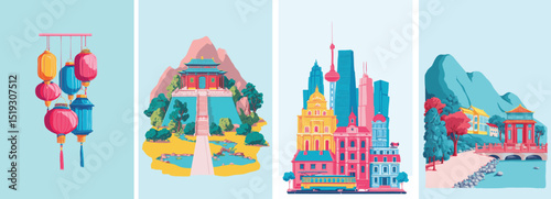 colorful china travel illustration with landmarks and cultural symbols