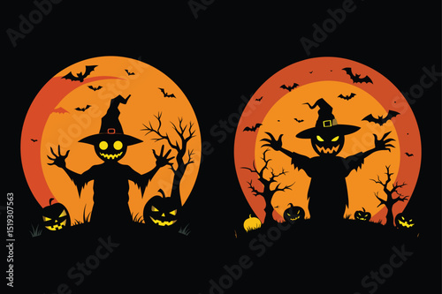 A spooky vector illustration of a Halloween night scene with a moon, silhouetted trees, pumpkins, bats, and a black cat