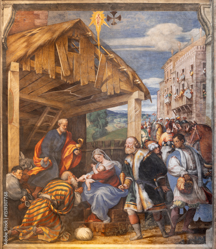 PIACENZA, ITALY - MAY 19, 2025: The fresco of Three Magi in the church Basilica di Santa Maria di Campagna by  Pordenone (1531-1532). photo