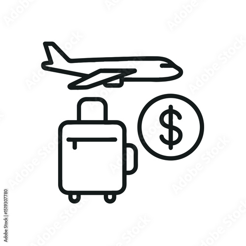 Hand luggage fee icon with suitcase, airplane and dollar symbol