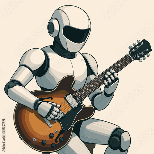 Humanoid robot playing electric guitar in futuristic concert setting