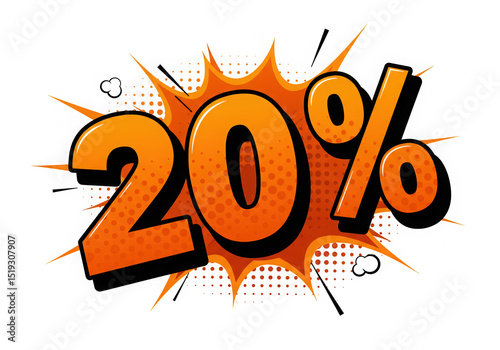 Explosion of Discounts: A Dynamic Comic Illustration Showcasing a 20% Offer in Bold Pop Art Style with Bright Orange Colors for a Sales and Promotion Campaign that Captures Attention. photo