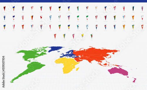 Pennant Flags of European Countries on a Colorful World Map. A vibrant collection of triangular pennant flags