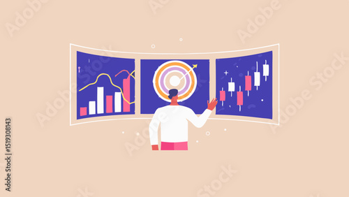 Person presenting stock market data on three screens with charts and target illustration shown there