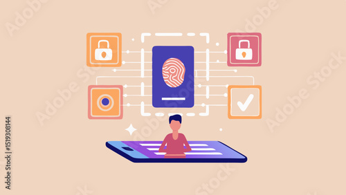 Illustration of a person using fingerprint authentication on a mobile device for security access