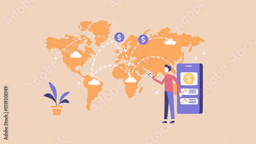 Illustration of global money transfer with a person using a mobile app and world map background