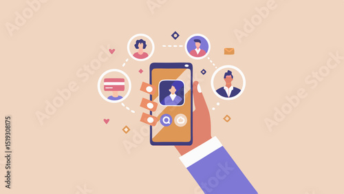 Hand holding smartphone displaying profile icon surrounded by connected user avatars and shapes