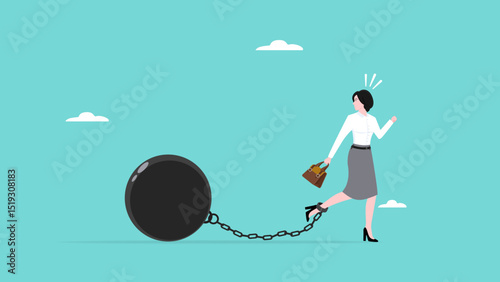 woman chained to weight burden ball concept illustration, Debt burden, financial obligation or loan payment, solving mortgage or money loan problems, Debt burden risk from high interest rate