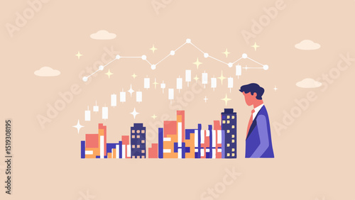 Illustration of a businessman looking at a city skyline with a stock market chart overlaying it