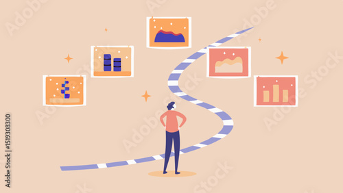 Person standing on a path with charts and graphs displayed on the wall near sparkling stars