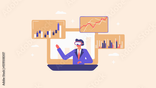 Man in vr headset analyzing stock market charts displayed on virtual screens in a digital environment