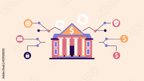 Illustration of a bank building with connected icons representing financial technology and security
