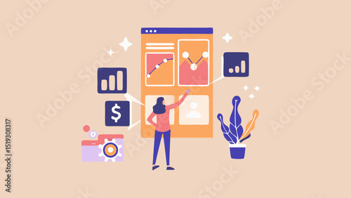 Woman pointing at data charts on a screen surrounded by icons and a potted plant illustration