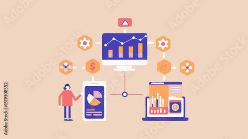 Illustration of a person analyzing data across multiple devices and platforms with connected icons