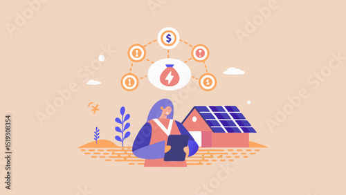 Woman with tablet near house with solar panels and money symbols connected to energy bag graphic