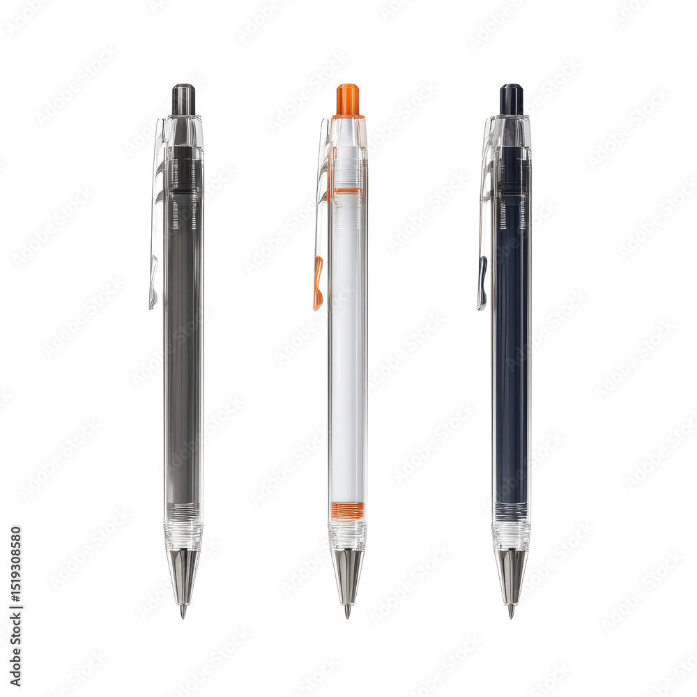 Fototapeta premium Three Transparent Pens with Black, White, and Orange Ink Cartridges