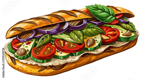 Toasted ciabatta packed with grilled zucchini, eggplant, bell peppers, and pesto, photographed up close on white background, capturing the vibrant Mediterranean flavors and perfect grill lines.