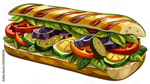 Toasted ciabatta packed with grilled zucchini, eggplant, bell peppers, and pesto, photographed up close on white background, capturing the vibrant Mediterranean flavors and perfect grill lines.