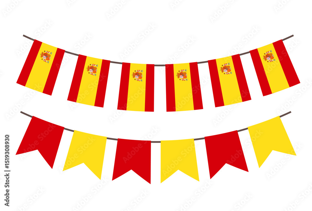 Fototapeta premium Spain flags illustration. Festive vector garlands with Spanish flags and red-yellow banners. Perfect for celebrating Spain’s national holidays, sports events, parties, or cultural festivals.