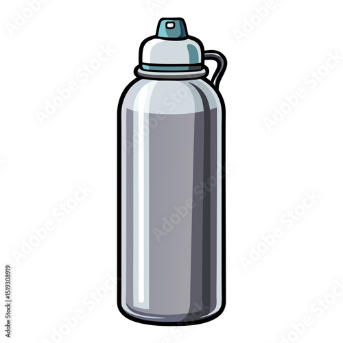 a stainless steel water bottle with a gray metallic body, blue cap and spout top, and a small carrying loop.