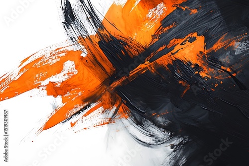 Dark, jagged ink marks contrasting with soft, flowing brushstrokes of orange paint, forming complex layers with rich texture on a white backdrop.
