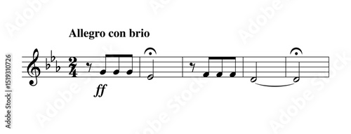 Opening of the Fate Symphony, composed by Ludwig van Beethoven. First notes of Symphony No. 5 in C minor, one of the best-known compositions in classical music, and most frequently played symphonies.