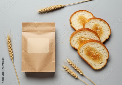 Bag of flour with toast and wheat on a gray background