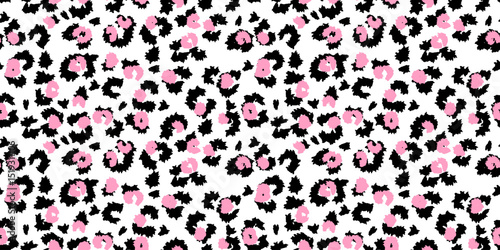 Seamless abstract leopard print pattern in bold black and pink tones on a white background. Trendy animal inspired design perfect for fashion, textiles, modern branding