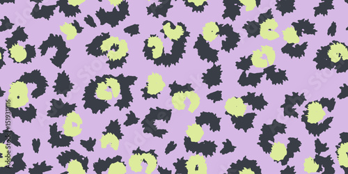 Seamless abstract leopard print pattern with purple, violet background and playful black and green spots. Trendy vector design perfect for fashion, textile, packaging, and modern branding projects