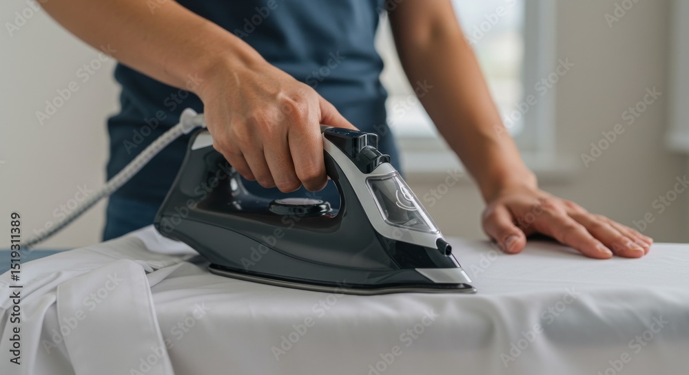 Fototapeta premium Woman ironing shirt on table in bright room with natural light