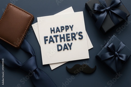 Elegant Fathers Day Still Life with Wallet, Gifts, Tie, and Mustache on Dark Blue Surface for a Sophisticated Greeting