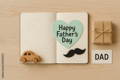 Heartfelt Fathers Day Composition with Notebook, Wooden Car, Gift, and 'DAD' Card on a Warm Wooden Surface for a Thoughtful Message