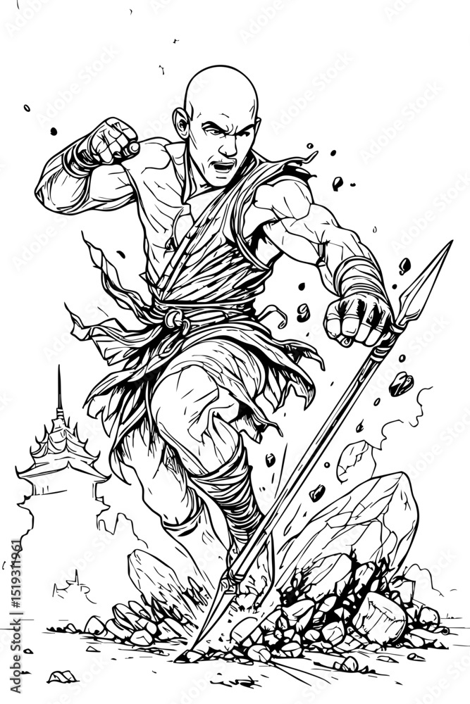 Obraz premium Dynamic Martial Artist Monk with Spear – Black and White Fantasy Illustration