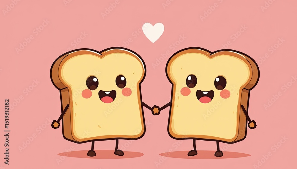 Fototapeta premium Cute cartoon bread slices holding hands on pink background