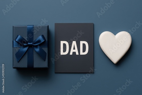 Fathers day  beautifully arranged scene featuring a blue gift box adorned with a matching ribbon, a card with the word DAD, and a white heart