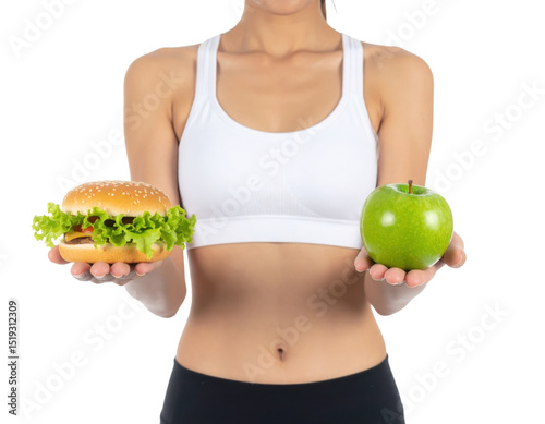 A fit woman holding a hamburger in one hand and a green apple in the other, symbolizing a choice between healthy and unhealthy food.