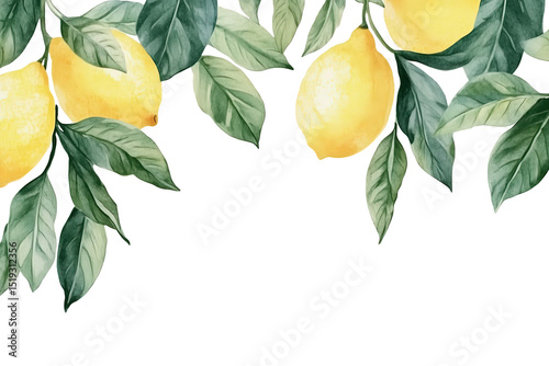 Watercolor lemons. Hand drawing ripe lemon branches with green leaves. Wreath, frame illustration.