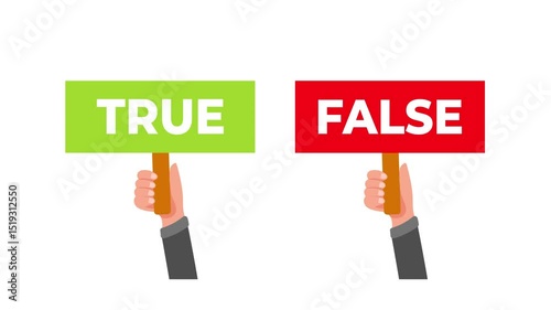 Hands holding true or false signs with alpha channel and blue background