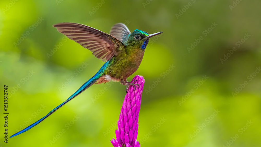 Fototapeta premium Violet tailed sylph (Aglaiocercus coelestis) in Buenaventura Lodge, Ecuador