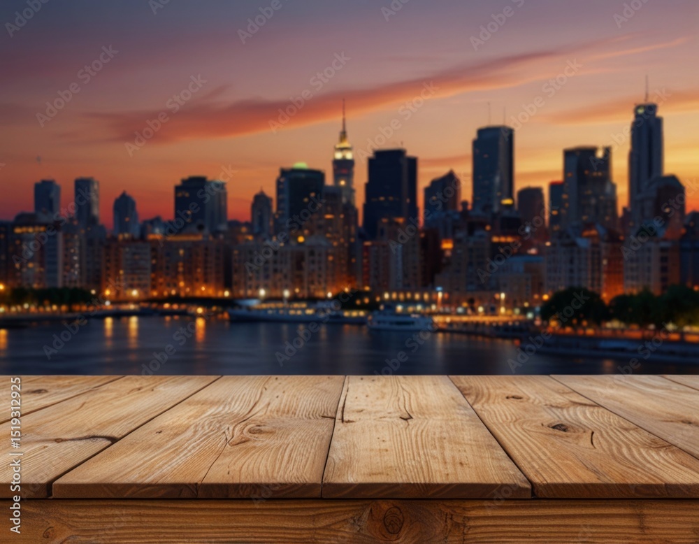 Empty wooden table against cityscape background Empty wooden table against cityscape background