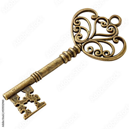 Shiny Golden Key for Security, Access, or Symbolic Use, Ideal for Real Estate, Success Concepts, or Decoration, Isolated on White Background photo