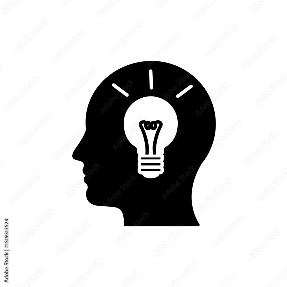 A black and white linear-fill flat style icon for a tattoo salon, depicting a human head with a light bulb inside A black and white linear-fill flat style icon for a tattoo salon, depicting a human head with a light bulb inside
