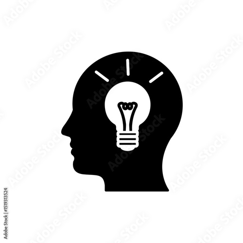 A black and white linear-fill flat style icon for a tattoo salon, depicting a human head with a light bulb inside 