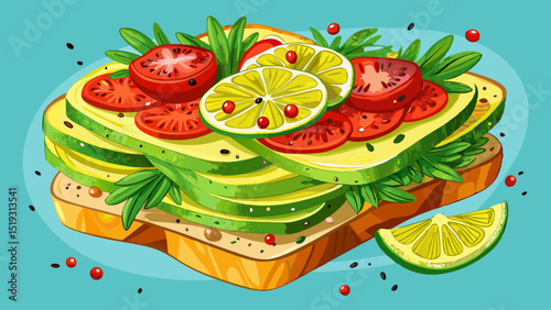 Multigrain toast stacked with mashed avocado, cherry tomatoes, sprouts, lemon juice, and red pepper flakes, styled for close-up with clean background showcasing fresh, minimalistic plant-based flavor.